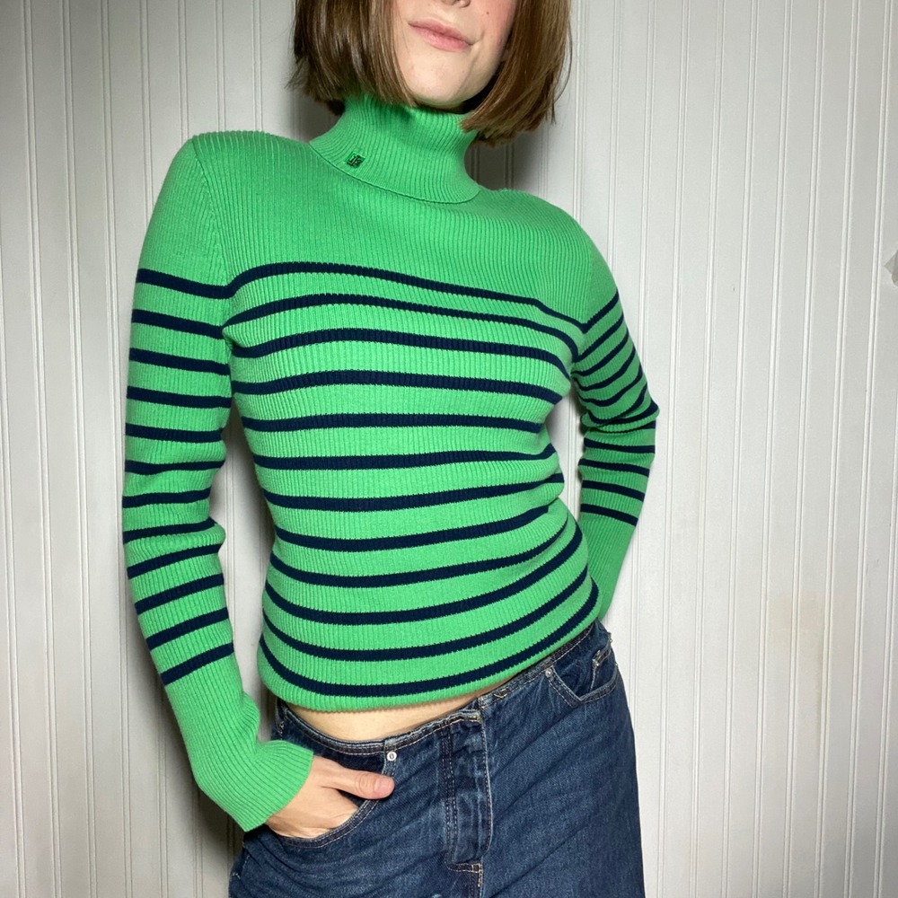 Lauren Ralph Lauren 100 Cotton Green & Navy Striped Foldover Turtleneck Sweater